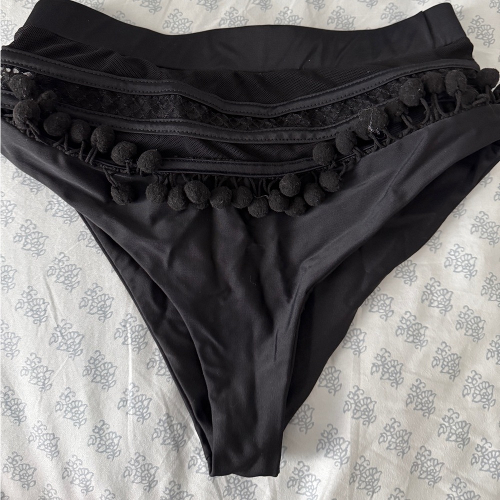 Tularosa Black High-Waisted Bikini Bottom with Pom Pom Trim